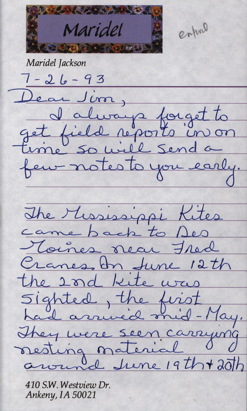 Letter from Maridel Jackson to James J. Dinsmore regarding summer bird sightings, July 26, 1993. This item was used as supporting documentation for the Iowa Ornithologists' Union Quarterly field report of summer 1993.