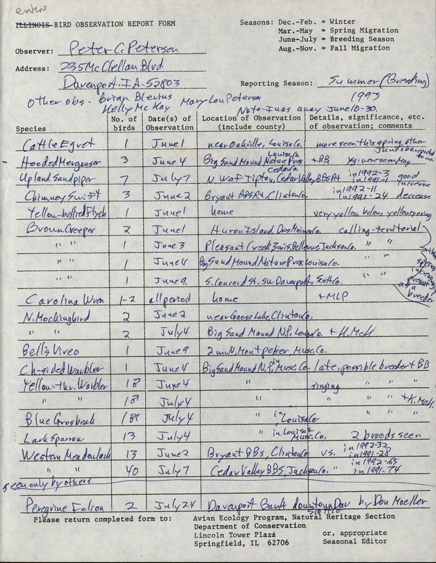 Summer report of birds and locations contributed by Peter C. Petersen. This item was used as supporting documentation for the Iowa Ornithologists' Union Quarterly field report of summer 1993.