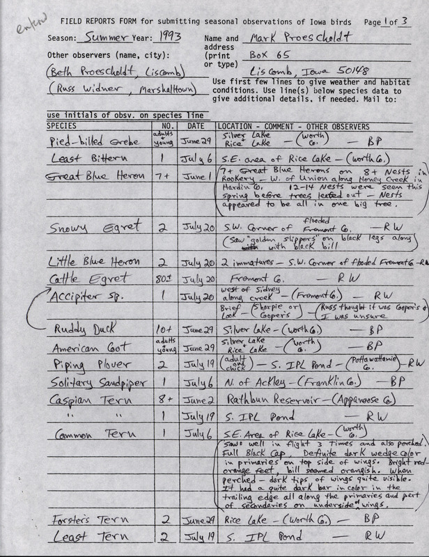 Summer report of birds and locations contributed by Mark Proescholdt. This item was used as supporting documentation for the Iowa Ornithologists' Union Quarterly field report of summer 1993.