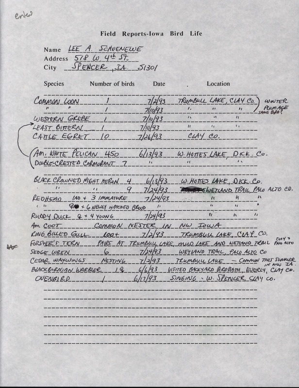 Summer reports of birds found in northwest Iowa contributed by Lee A. Schoenewe. This item was used as supporting documentation for the Iowa Ornithologists' Union Quarterly field report of summer 1993.