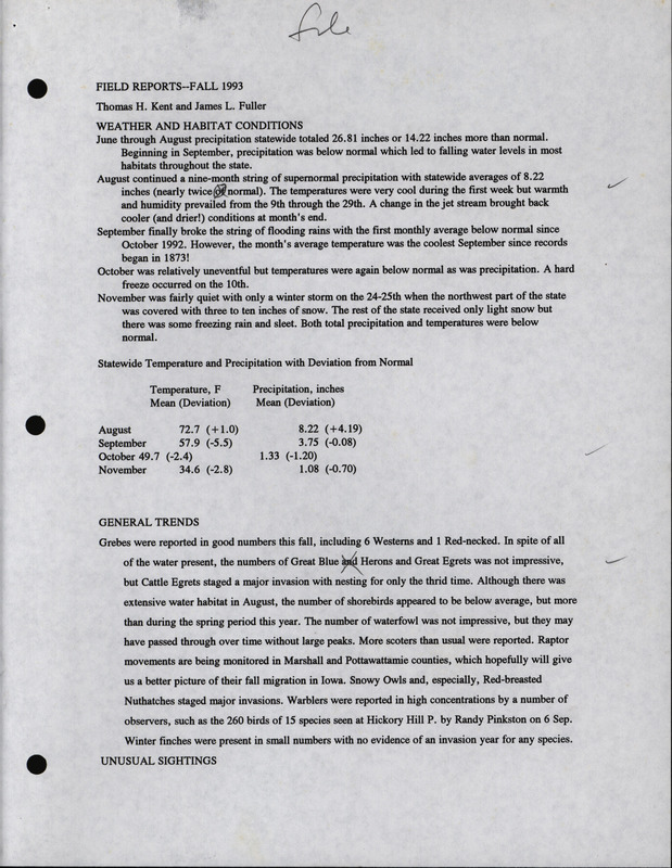 Quarterly field report for the fall of 1993 compiled by Thomas H. Kent and James L. Fuller.