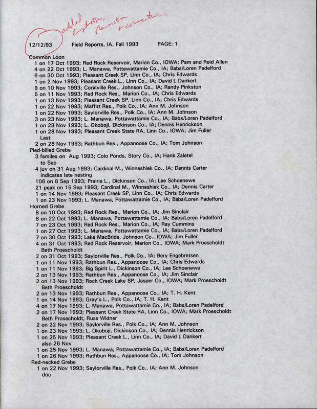 An annotated list of bird sightings organized by species, December 12, 1993. The list also contains the number of birds seen, date of sighting, location, and observer of each species. This item was used as supporting documentation for the Iowa Ornithologists' Union Quarterly field report of fall 1993.