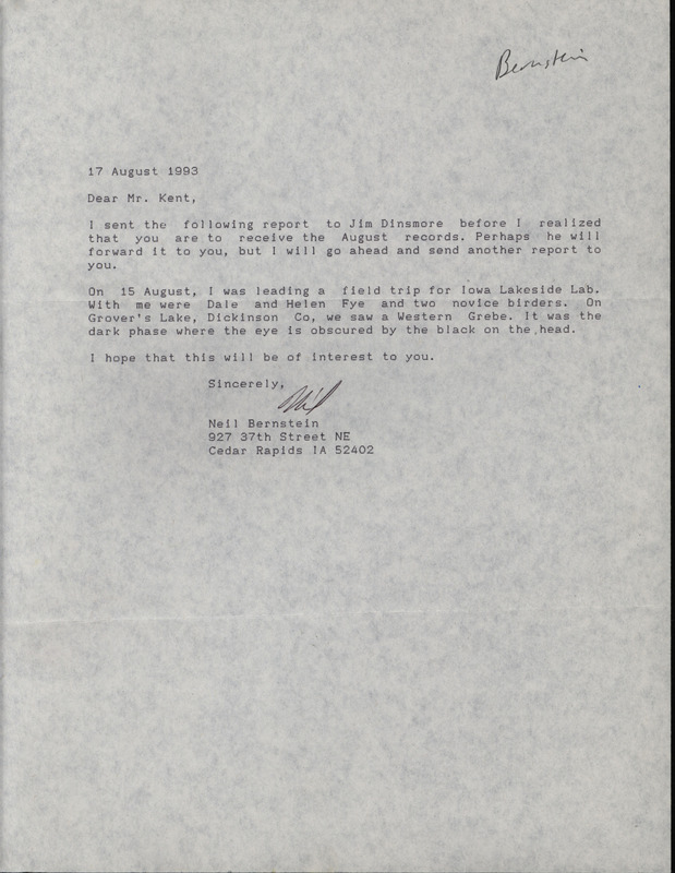 Letter from Neil Bernstein to Thomas H. Kent regarding a Western Grebe sighting, August 17, 1993. This item was used as supporting documentation for the Iowa Ornithologists' Union Quarterly field report of fall 1993.