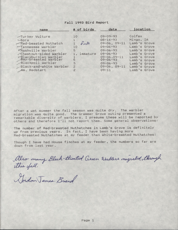 Fall report of birds found in Jasper County contributed by Gordon James Brand. This item was used as supporting documentation for the Iowa Ornithologists' Union Quarterly field report of summer 1993.