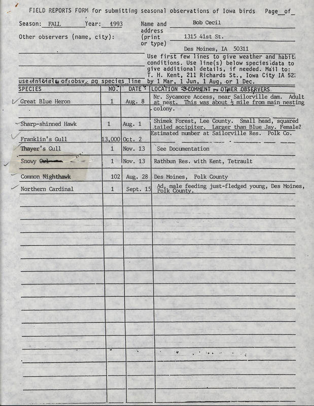 Fall report of birds and locations contributed by Robert I. Cecil. This item was used as supporting documentation for the Iowa Ornithologists' Union Quarterly field report of fall 1993.