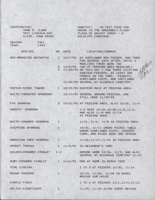 Fall report of birds found in central Iowa contributed by Jane Clark. This item was used as supporting documentation for the Iowa Ornithologists' Union Quarterly field report of fall 1993.