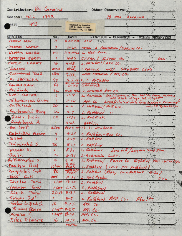 Fall report of birds and locations contributed by Raymond L. Cummins. This item was used as supporting documentation for the Iowa Ornithologists' Union Quarterly field report of fall 1993.