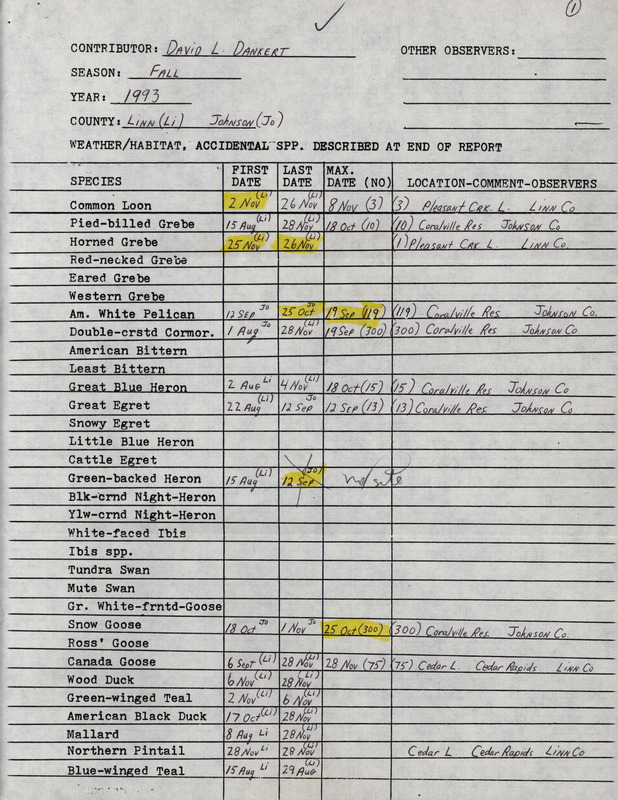 Fall report of birds found in Linn County and Johnson County contributed by David L. Dankert. This item was used as supporting documentation for the Iowa Ornithologists' Union Quarterly field report of fall 1993.