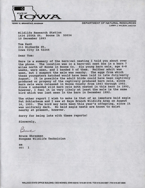 Letter from Bruce Ehresman to Thomas H. Kent regarding a Barn Owl nest in Boone County, December 10, 1993. This item was used as supporting documentation for the Iowa Ornithologists' Union Quarterly field report of fall 1993.