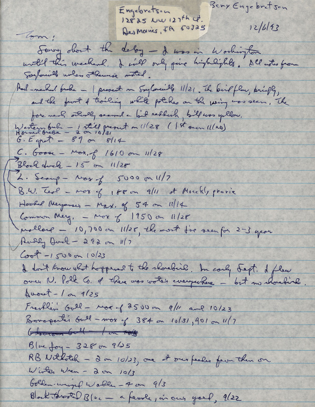 Letter from Bery Engebretsen to Thomas H. Kent regarding fall bird sightings, December 6, 1993. This item was used as supporting documentation for the Iowa Ornithologists' Union Quarterly field report of fall 1993.