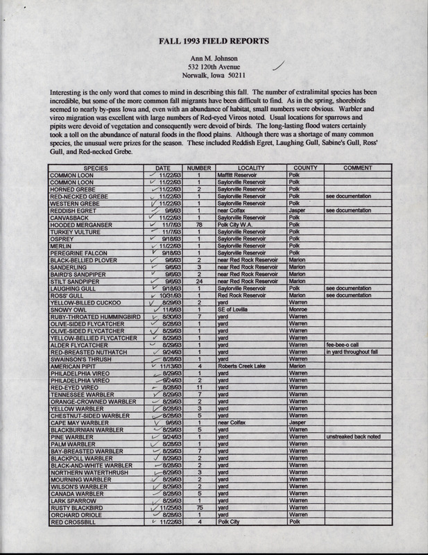 Fall report of birds and locations contributed by Ann Johnson. This item was used as supporting documentation for the Iowa Ornithologists' Union Quarterly field report of fall 1993.