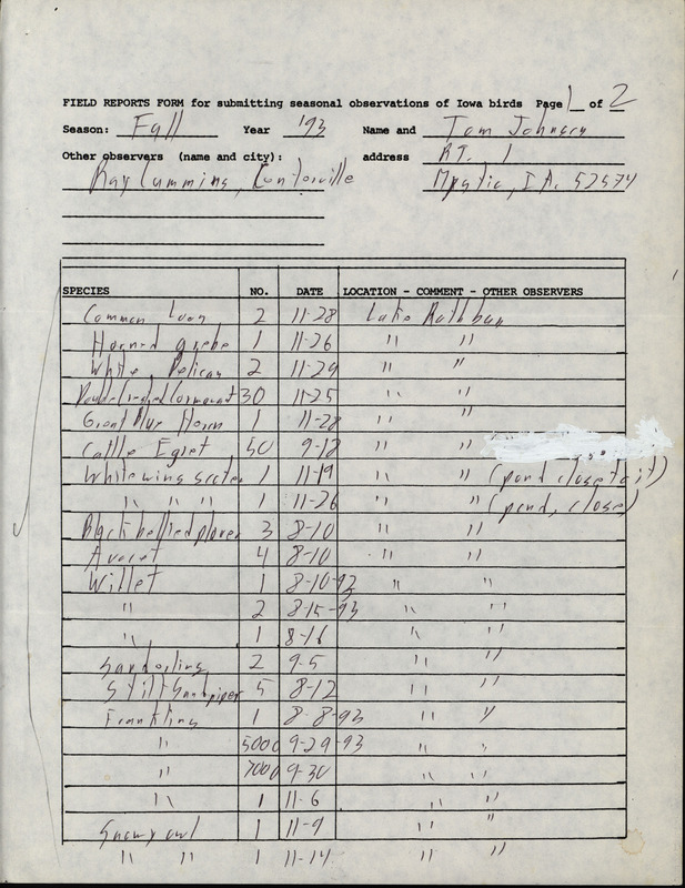 Fall report of birds and locations contributed by Thomas N. Johnson. This item was used as supporting documentation for the Iowa Ornithologists' Union Quarterly field report of fall 1993.