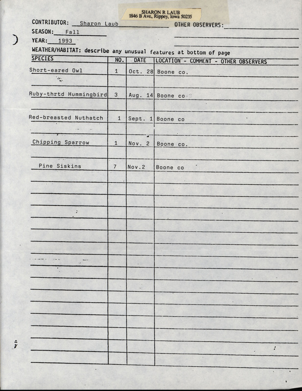 Field report of birds found in Boone County contributed by Sharon Laub. This item was used as supporting documentation for the Iowa Ornithologists' Union Quarterly field report of fall 1993.