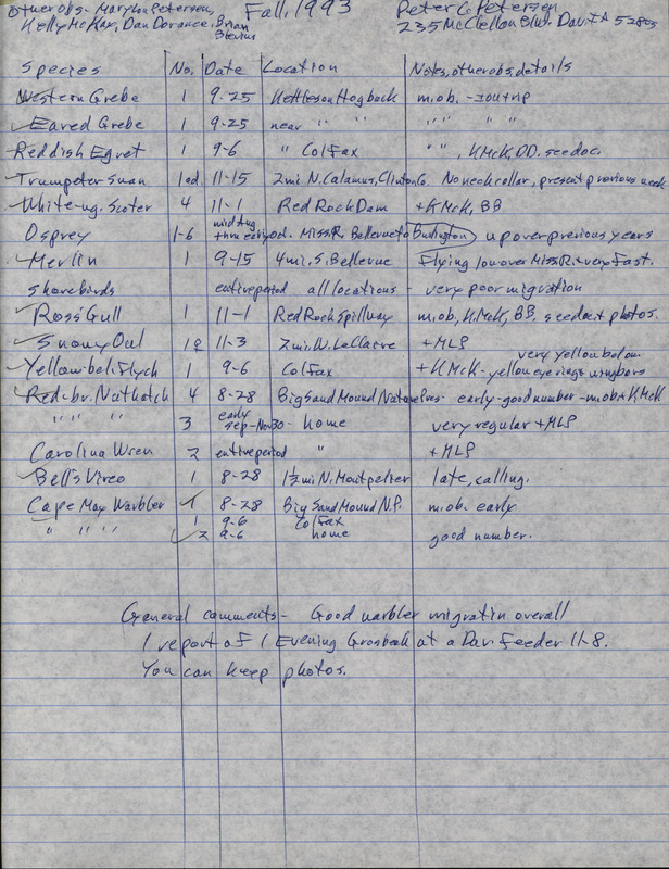 Fall report of birds and locations contributed by Peter C. Petersen. This item was used as supporting documentation for the Iowa Ornithologists' Union Quarterly field report of fall 1993.