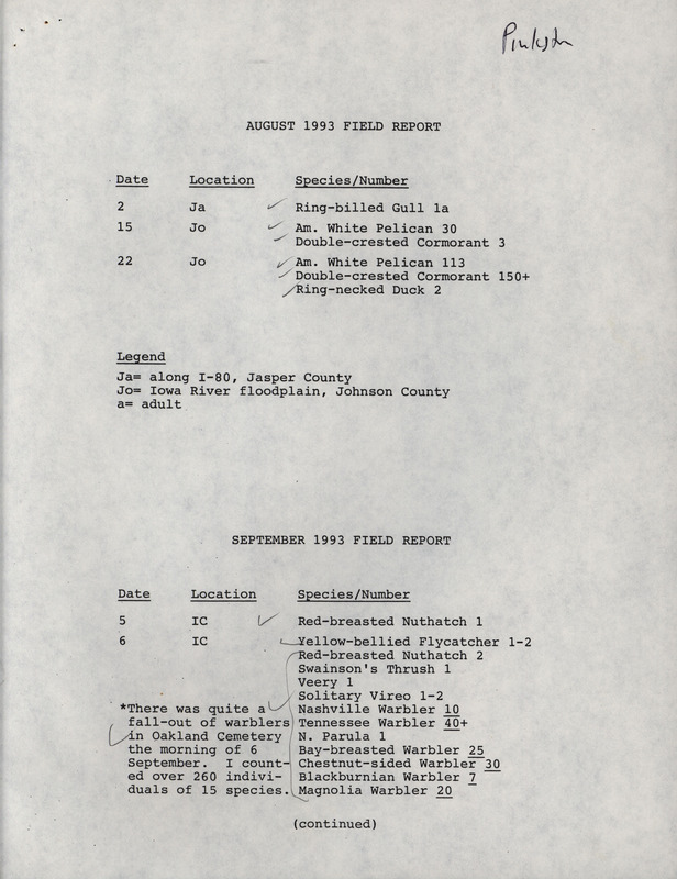 Fall report of birds and locations contributed by Randall Pinkston. The report also includes key details on the sightings of a White-winged Scoter, a Brewer's Blackbird, a Black Scoter, and a Northern Shrike. This item was used as supporting documentation for the Iowa Ornithologists' Union Quarterly field report of fall 1993.