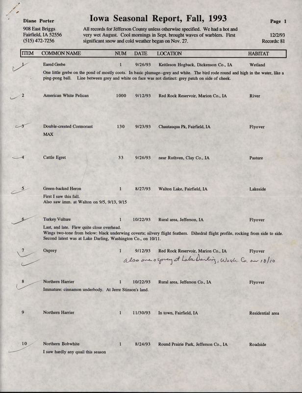 Fall report of birds and locations contributed by Diane C. Porter. This item was used as supporting documentation for the Iowa Ornithologists' Union Quarterly field report of fall 1993.