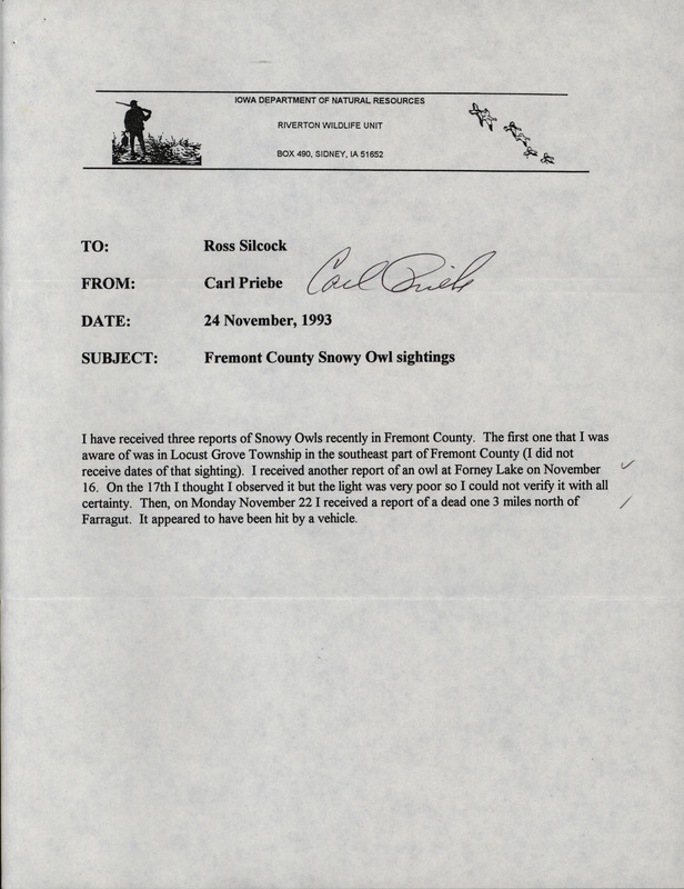 Letter from Carl Priebe to W. Ross Silcock regarding Fremont County Snowy Owl sightings, November 24, 1993. This item was used as supporting documentation for the Iowa Ornithologists' Union Quarterly field report of fall 1993.