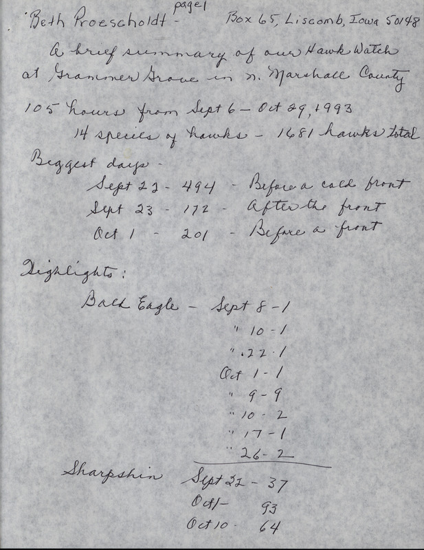 Fall report of a Hawk watch conducted at Grammar Grove County Wildlife Area contributed by Beth Proescholdt. A total of 14 species of Hawks and 1681 Hawks total were seen during the time period from September 6 through October 29, 1993. This item was used as supporting documentation for the Iowa Ornithologists' Union Quarterly field report of fall 1993.