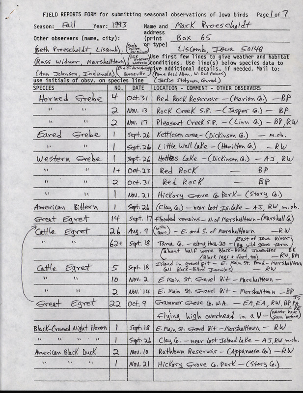 Fall report of birds and locations contributed by Mark Proescholdt. This item was used as supporting documentation for the Iowa Ornithologists' Union Quarterly field report of fall 1993.