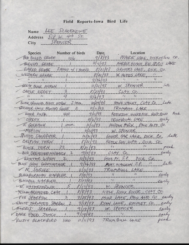 Fall report of birds found in northwest Iowa contributed by Lee A. Schoenewe. This item was used as supporting documentation for the Iowa Ornithologists' Union Quarterly field report of fall 1993.