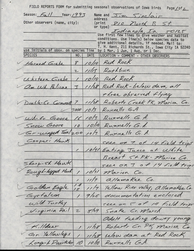 Fall report of birds and locations contributed by Jim Sinclair. This item was used as supporting documentation for the Iowa Ornithologists' Union Quarterly field report of fall 1993.