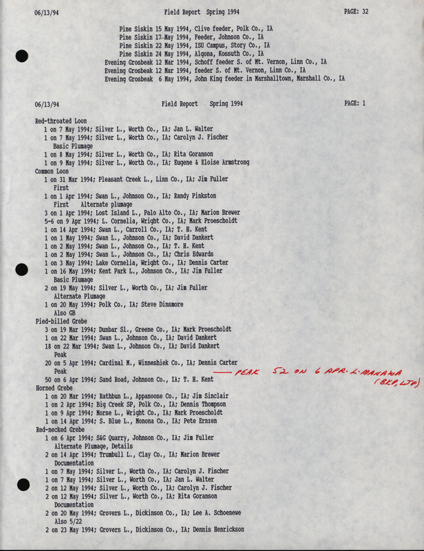 A printout dated June 13, 1994 of all the bird sightings reported for Spring 1994. Report is organized by species, number sighted, date of sighting, location of sighting, and observer. This item was used as supporting documentation for the Iowa Ornithologists' Union Quarterly field report of Spring 1994.