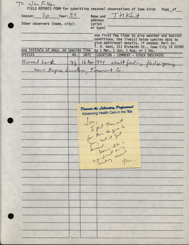 Thomas Kent notes an adult Horned Lark with fledgling feeding near Payne Junction. This item was used as supporting documentation for the Iowa Ornithologists' Union Quarterly field report of Spring 1994.