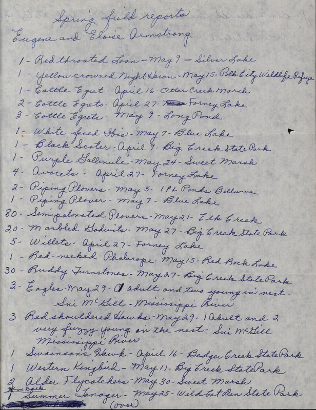 An annotated list of birds sighted by Eugene and Eloise Armstrong. This item was used as supporting documentation for the Iowa Ornithologists' Union Quarterly field report of Spring 1994.