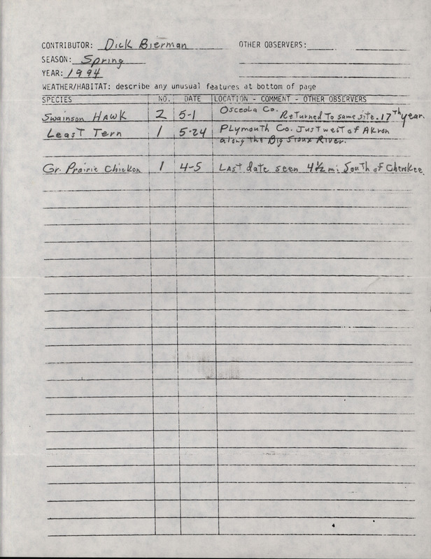 An annotated list of birds sighted by Dick Bierman. This item was used as supporting documentation for the Iowa Ornithologists' Union Quarterly field report of Spring 1994.