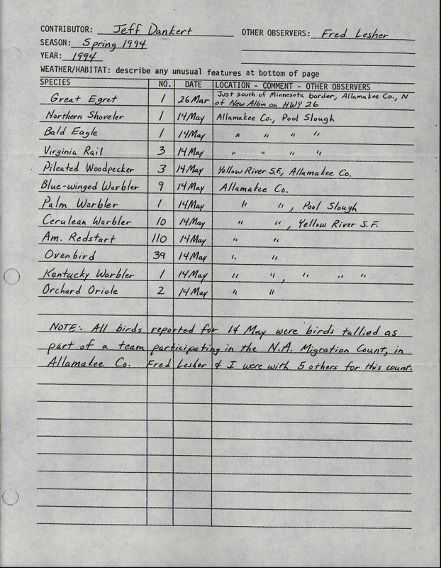 An annotated list of birds sighted by Jeff Dankert, most of which were tallied as part of the North America Migration County. This item was used as supporting documentation for the Iowa Ornithologists' Union Quarterly field report of Spring 1994.