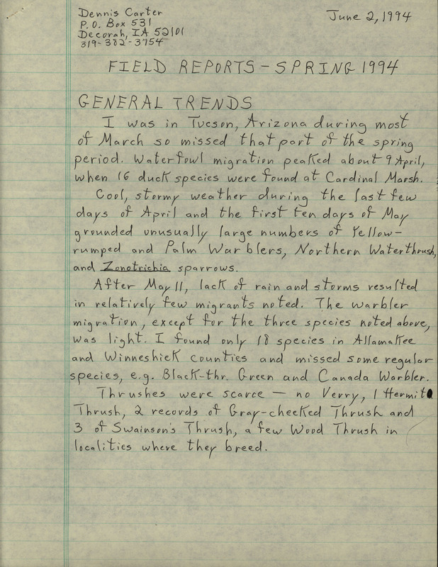 An annotated list of birds sighted by Dennis Carter dated June 2, 1994. This item was used as supporting documentation for the Iowa Ornithologists' Union Quarterly field report of Spring 1994.