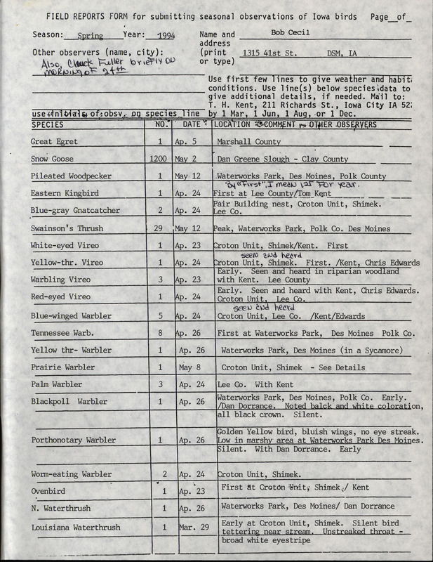 An annotated list of birds sighted by Bob Cecil. This item was used as supporting documentation for the Iowa Ornithologists' Union Quarterly field report of Spring 1994.