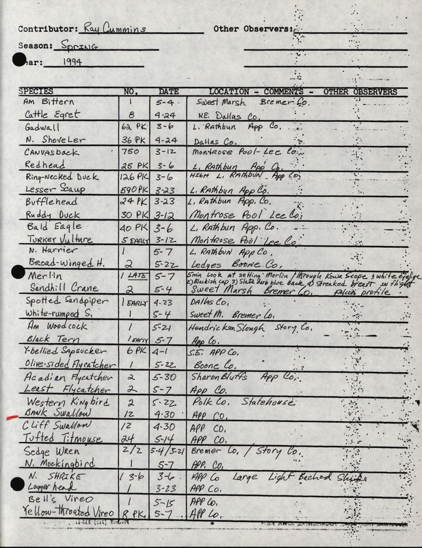 An annotated list of birds sighted by Ray Cummins. This item was used as supporting documentation for the Iowa Ornithologists' Union Quarterly field report of Spring 1994.