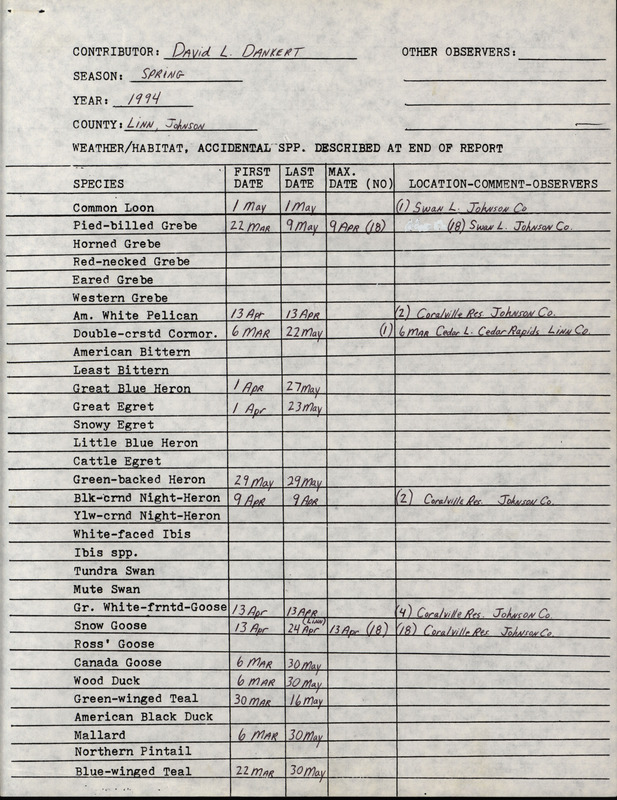 An annotated list of birds sighted by David Dankert. This item was used as supporting documentation for the Iowa Ornithologists' Union Quarterly field report of Spring 1994.