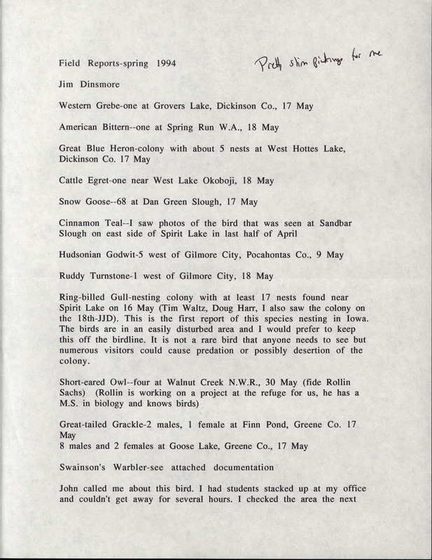 An annotated list of birds sighted by Jim Dinsmore. This item was used as supporting documentation for the Iowa Ornithologists' Union Quarterly field report of Spring 1994.