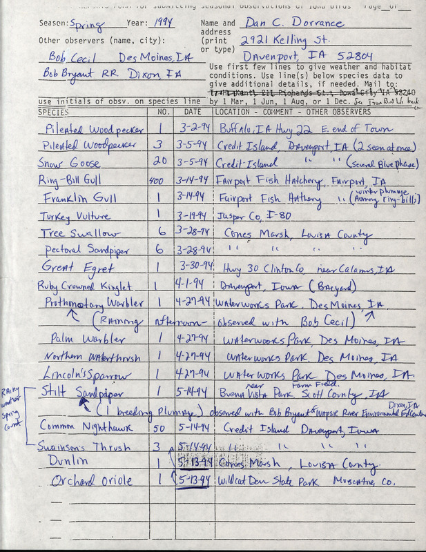 An annotated list of birds sighted by Dan Dorrance and two others. This item was used as supporting documentation for the Iowa Ornithologists' Union Quarterly field report of Spring 1994.