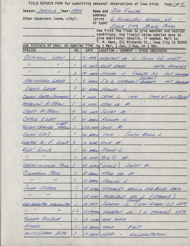 An annotated list of birds sighted by Jim Fuller. This item was used as supporting documentation for the Iowa Ornithologists' Union Quarterly field report of Spring 1994.