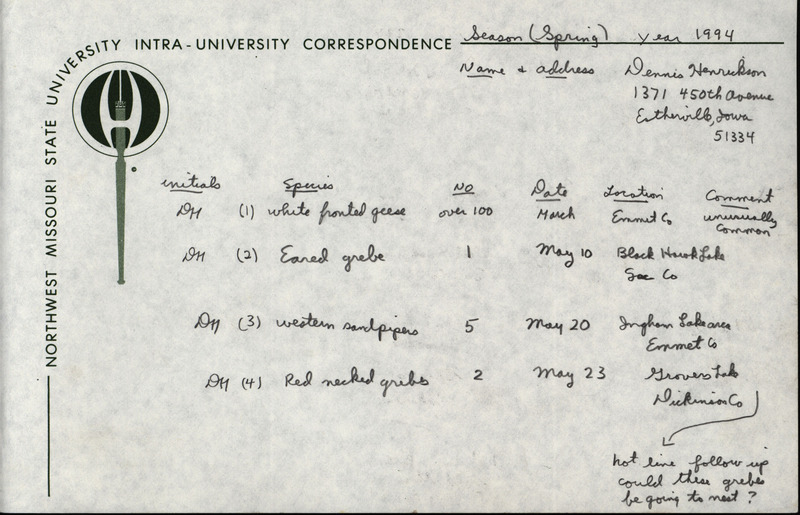 An annotated list of birds sighted by Dennis Henrickson. This item was used as supporting documentation for the Iowa Ornithologists' Union Quarterly field report of Spring 1994.