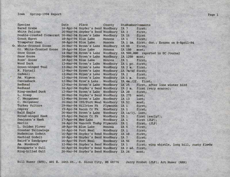 An annotated list of birds sighted by Bill Huser and two others. This item was used as supporting documentation for the Iowa Ornithologists' Union Quarterly field report of Spring 1994.