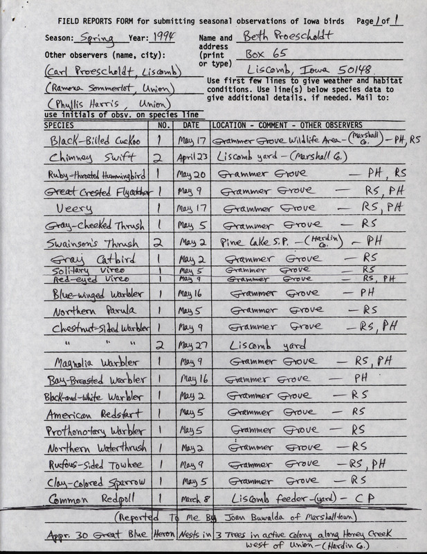 An annotated list of birds sighted by Beth Proescholdt and three others. This item was used as supporting documentation for the Iowa Ornithologists' Union Quarterly field report of Spring 1994.