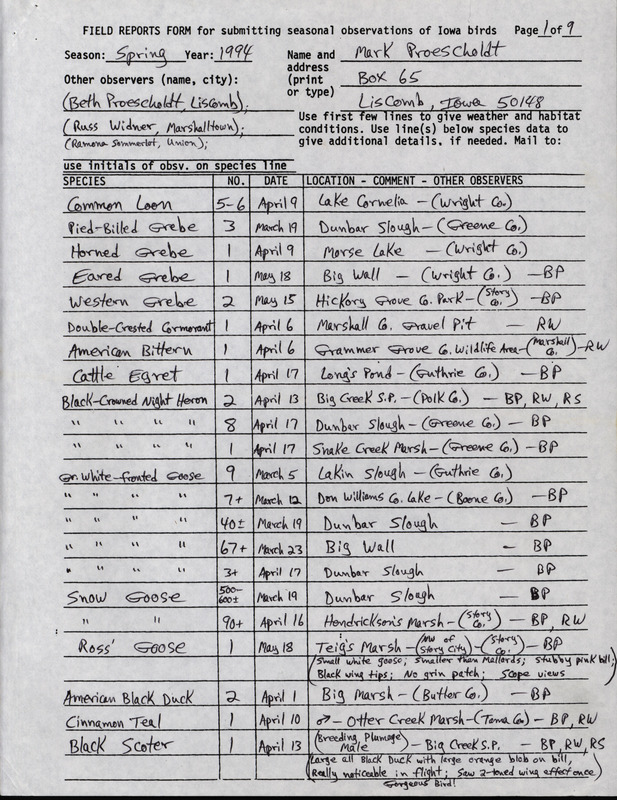 An annotated list of birds sighted by Mark Proescholdt and three others. This item was used as supporting documentation for the Iowa Ornithologists' Union Quarterly field report of Spring 1994.