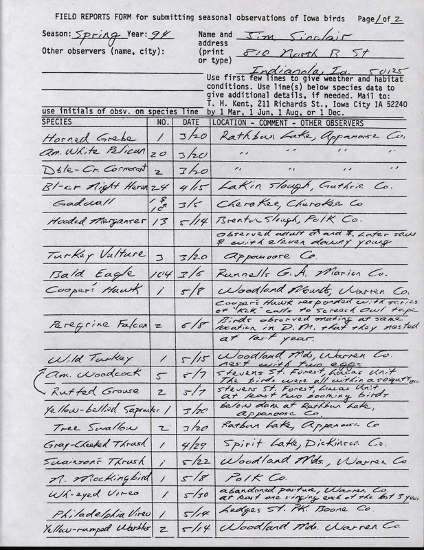 An annotated list of birds sighted by Jim Sinclair. This item was used as supporting documentation for the Iowa Ornithologists' Union Quarterly field report of Spring 1994.