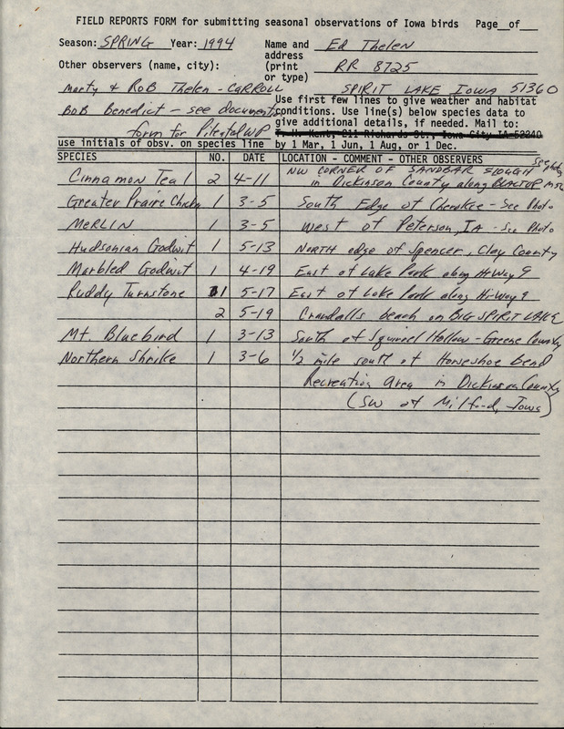 An annotated list of birds sighted by Ed Thelen and two others. This item was used as supporting documentation for the Iowa Ornithologists' Union Quarterly field report of Spring 1994.