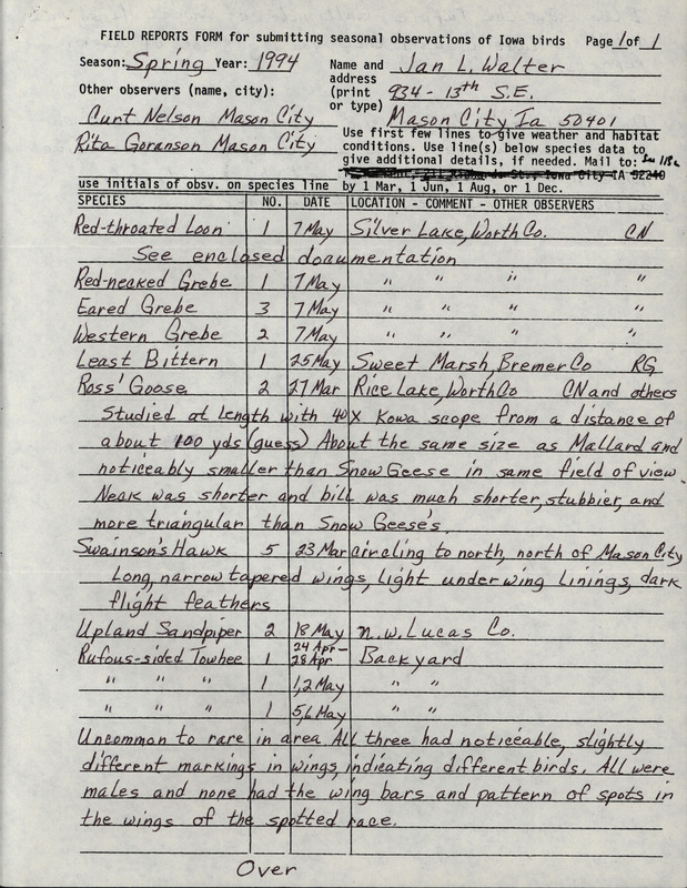 An annotated list of birds sighted by Jan Walter and two others. This item was used as supporting documentation for the Iowa Ornithologists' Union Quarterly field report of Spring 1994.