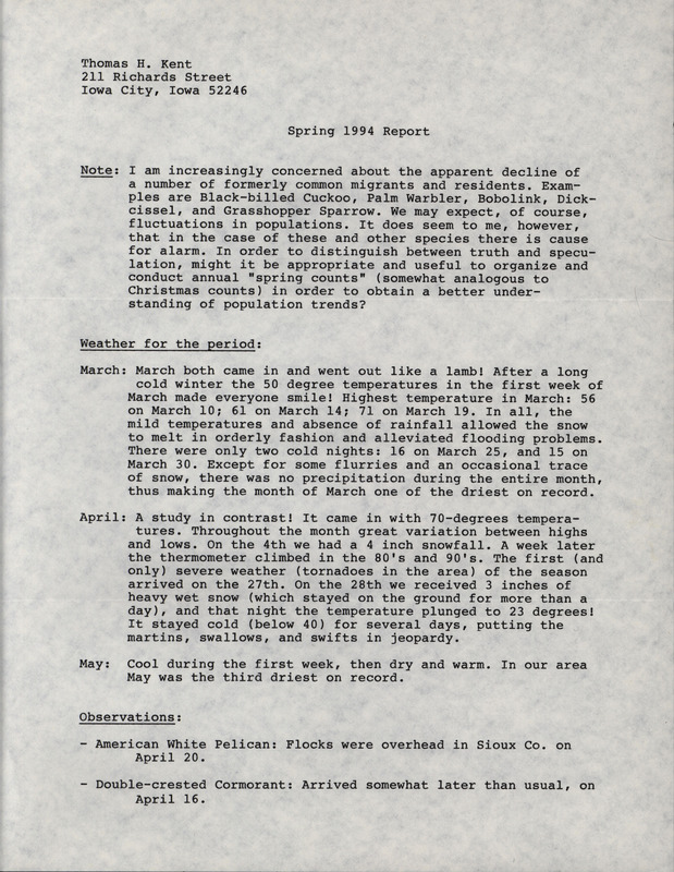 An annotated list of birds sighted by John Van Dyk. This item was used as supporting documentation for the Iowa Ornithologists' Union Quarterly field report of Spring 1994.