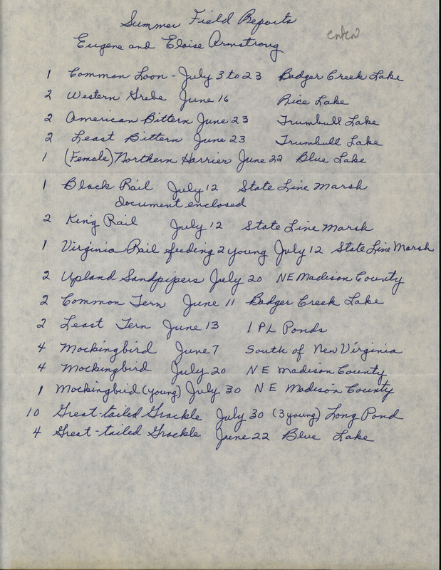 An annotated list of birds sighted by Eugene and Eloise Armstrong. This item was used as supporting documentation for the Iowa Ornithologists' Union Quarterly field report of Summer 1994.