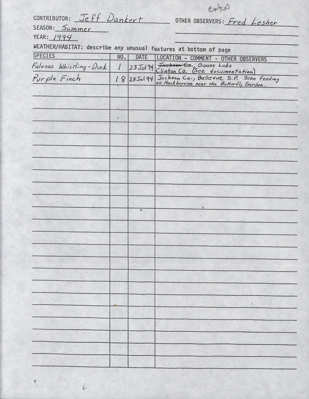 An annotated list of birds sighted by Jeff Dankert and Fred Lesher. This item was used as supporting documentation for the Iowa Ornithologists' Union Quarterly field report of Summer 1994.