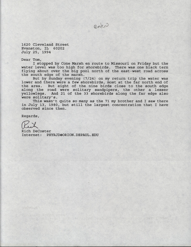 Letter from Rich DeCoster to Thomas Kent dated July 25, 1994. DeCoster comments on the number of shorebirds he sighted at Cone March during a weekend trip. This item was used as supporting documentation for the Iowa Ornithologists' Union Quarterly field report of Summer 1994.