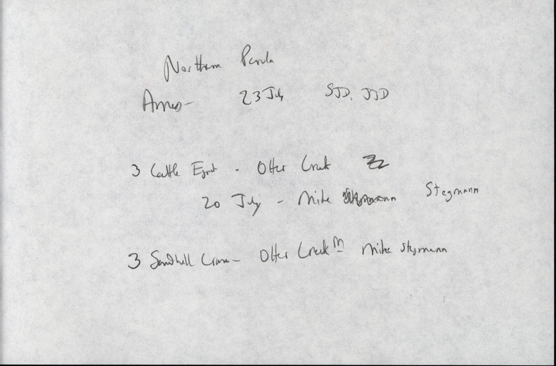 A note listing birds sighted by Steve and Jim Dinsmore, and Mike Stegmann. This item was used as supporting documentation for the Iowa Ornithologists' Union Quarterly field report of Summer 1994.