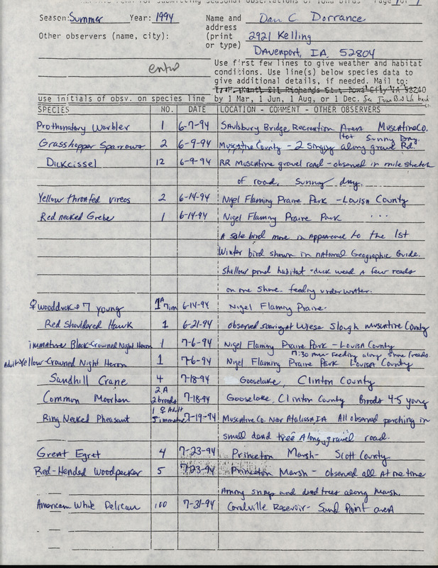 An annotated list of birds sighted by Dan Dorrance. This item was used as supporting documentation for the Iowa Ornithologists' Union Quarterly field report of Summer 1994.